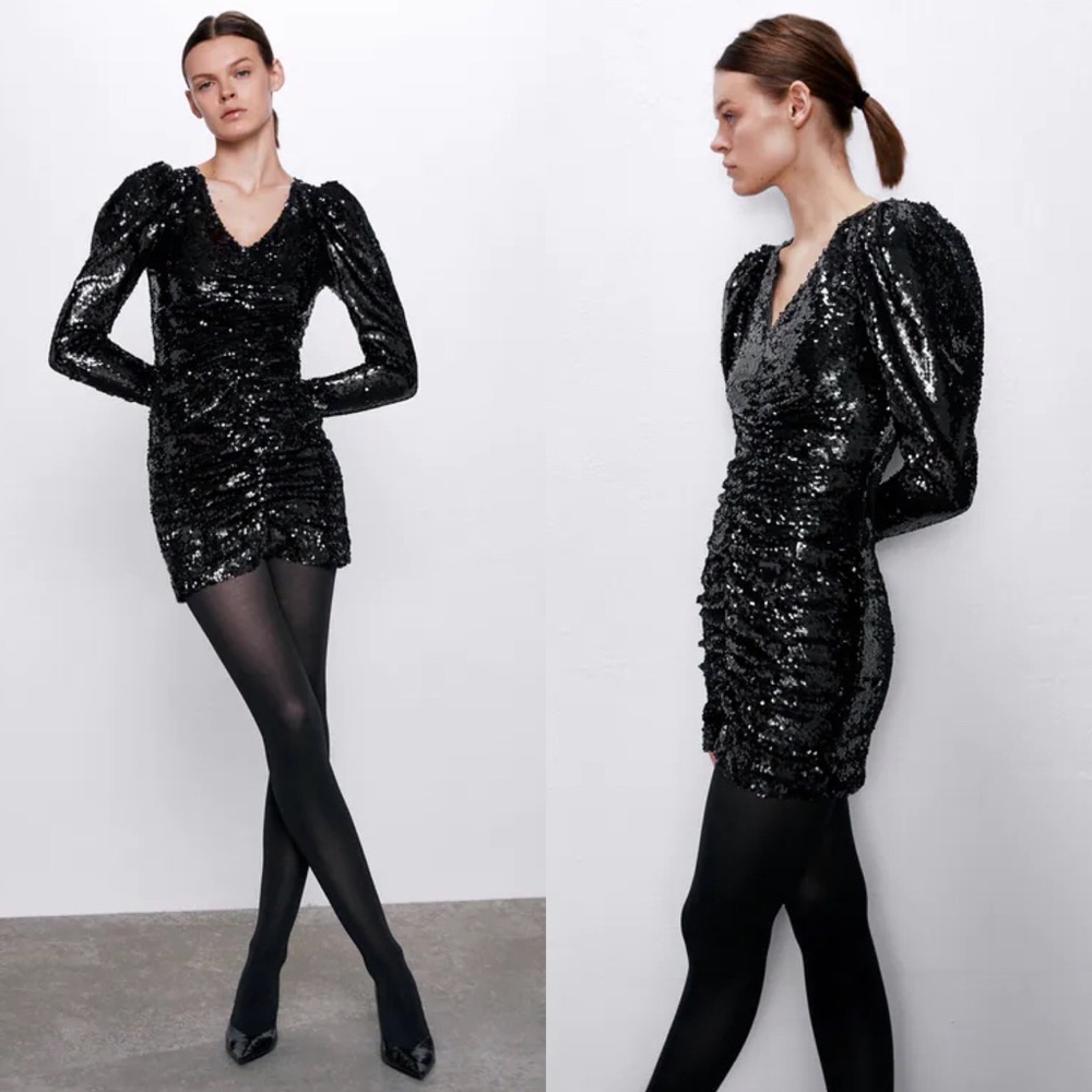 Zara Sequin Dress w/ Buff Shoulders Black Size S NEW